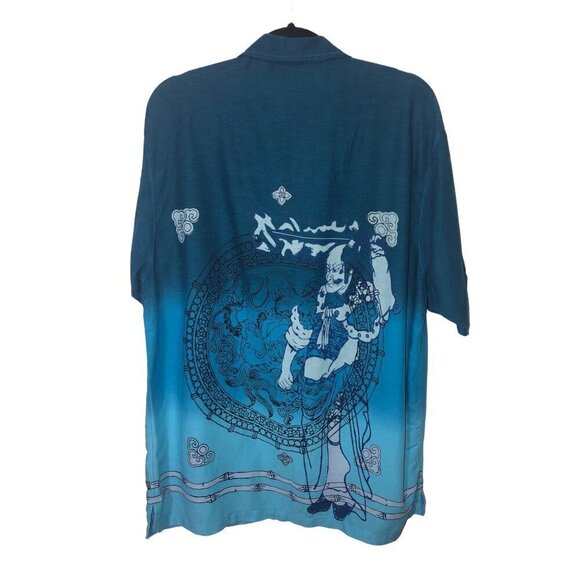 Mens Shirt Size L Button Front Casual Short Sleeve Blue Samurai Hawaiian VTG - Picture 4 of 6